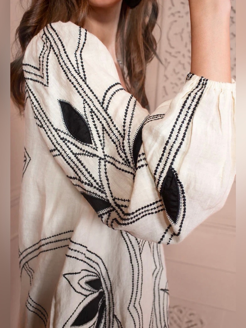 Scarlett Poppies Embroidered Ivory Tunic Dress with Black Floral Motif - Picture 3 of 12